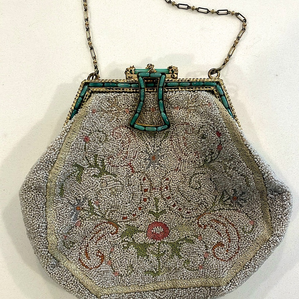 Vintage purse with embroidery, hand beading, and jade accents. Gray silk inside